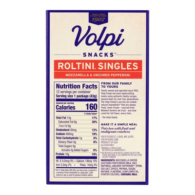 Volpi Roltini Singles, Uncured Pepperoni & Mozzarella, 1.5 oz, 24/Pack (220-02486)