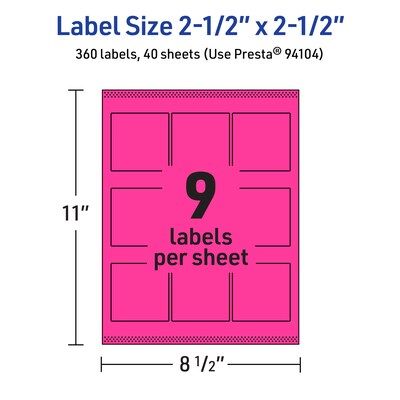 Avery Laser/Inkjet Square Multipurpose Labels, 2.5" x 2.5", Neon Magenta, 360/Pack (94104)