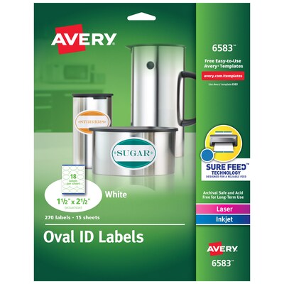 Avery Easy Peel Laser/Inkjet Oval, 1-1/2 x 2-1/2, White, 18 Labels/Sheet, 15 Sheets/Pack, 270 Labe