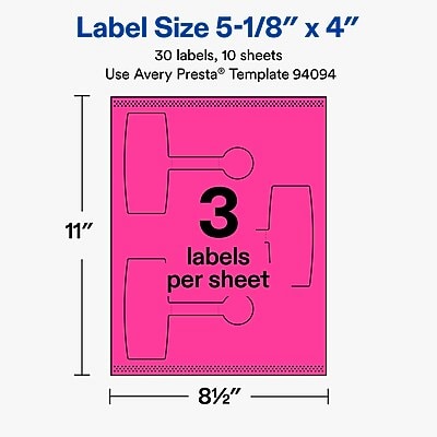 Avery Laser/Inkjet Multipurpose Labels, 5-1/8" x 4", Neon Magenta, 30 Labels/Pack (19479370736)