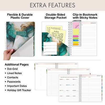 2026 Global Printed Products Essential Pro 7" x 9" Weekly & Monthly Planner, Paperboard Cover, Teal Gold Marble (ESPROCY267954)