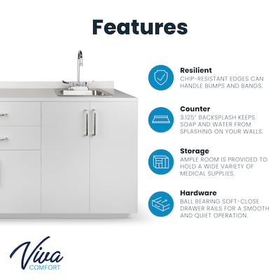 Viva Comfort 36 H x 48 W Medical Cabinet with Right Sink & 24 W Right Side Desk, 4 Doors, 2 Drawers, Gray (902-48RS-GRY-AO)