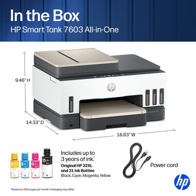 HP Smart Tank 7603 Wireless All-in-One Supertank Printer, Up to 3 Years of Ink Included (9B5D1A)