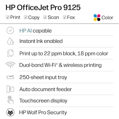 HP OfficeJet Pro 9125e Wireless Color All-In-One Printer, Scan, Copy, Fax, 3 Months Free Instant Ink, AI Enabled (403X0A)