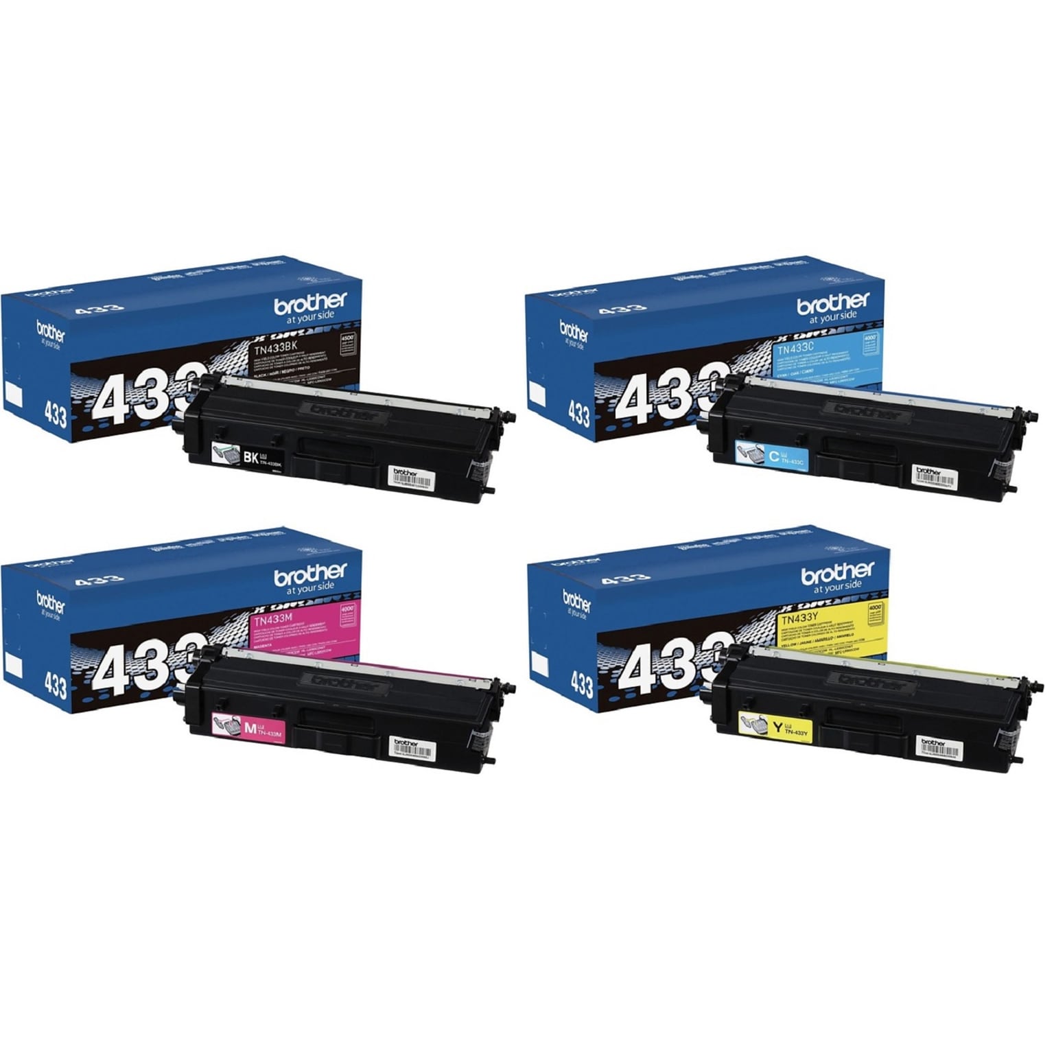 Brother TN433 Black/Cyan/Magenta/Yellow High Yield Toner Cartridges, 4/Pack