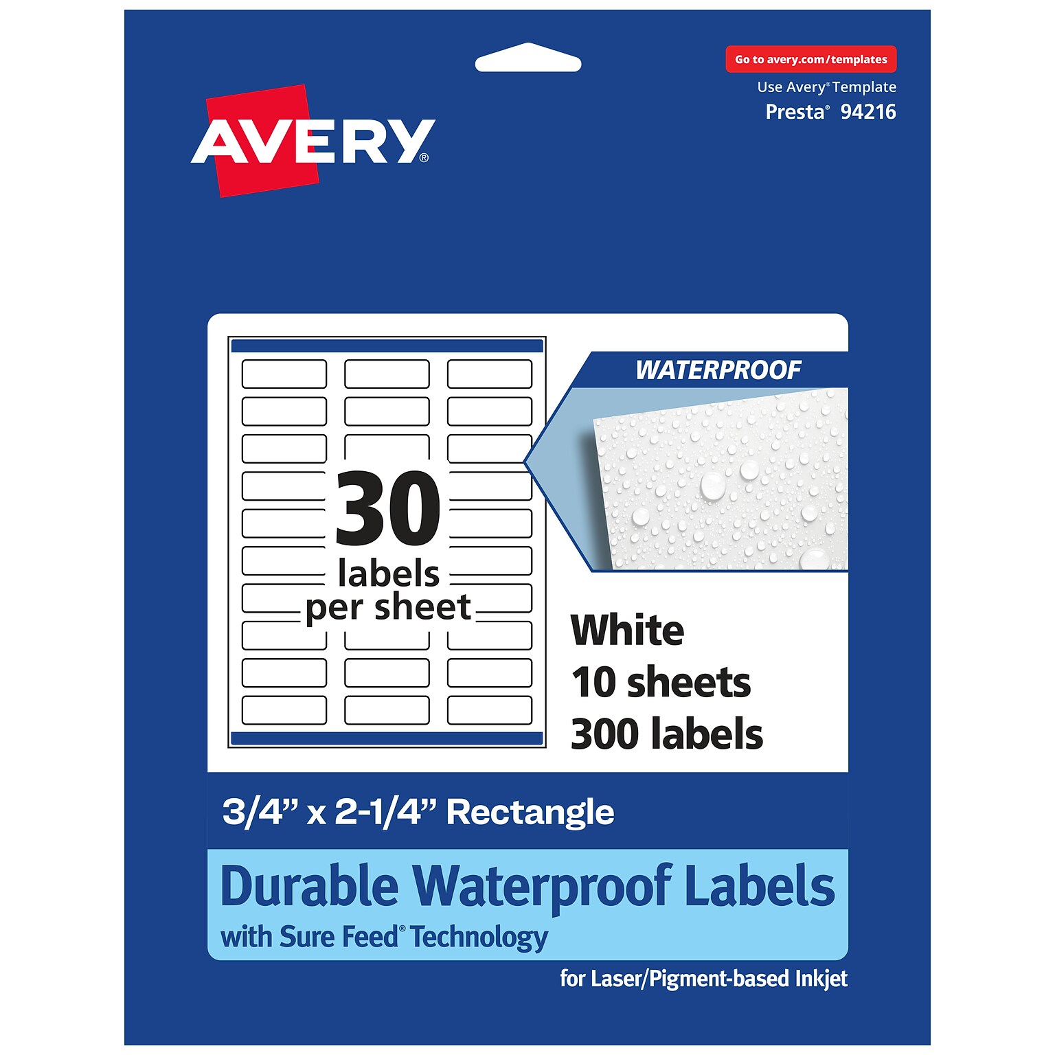 Avery Laser/Inkjet Waterproof Multipurpose Rectangle Labels, 0.75 x 2.25, White, 300 Labels/Pack (94216)