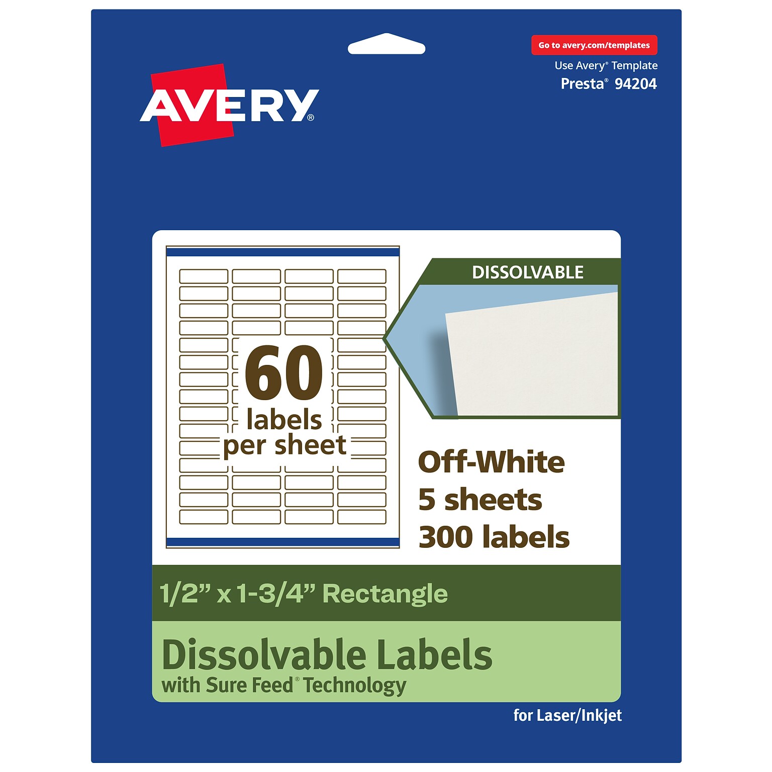 Avery Dissolvable Rectangle Multipurpose Labels, 0.5 x 1.75, Off-white, 300/Pack (94204)