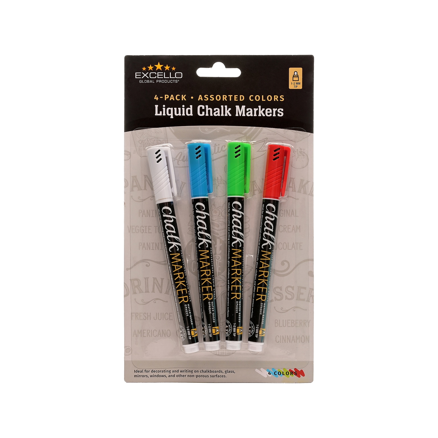 Excello Global Products Washable Chalk Marker, 1-2mm Tip, Assorted Colors, 4/Pack (EGP-HD-0512-S)