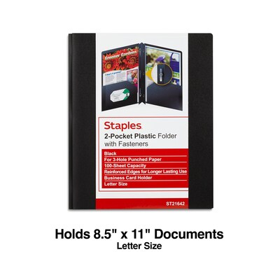 Staples® Poly Two-Pocket Portfolio w/Prong Fasteners, Black (21642-CC/20631)