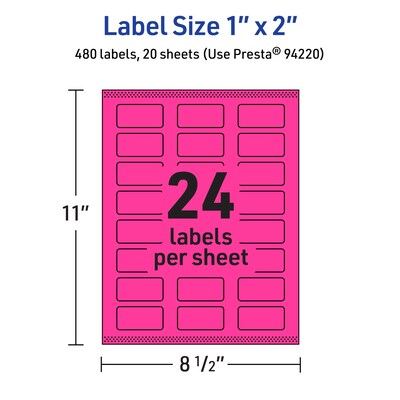 Avery Laser/Inkjet Rectangle Multipurpose Labels, 1" x 2", Neon Magenta, 480/Pack (94220)