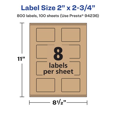 Avery Laser/Inkjet Rectangle Multipurpose Labels, 2" x 2.75", Kraft Brown, 800 Labels/Box ( 94236)