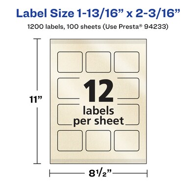 Avery Pearlized Ivory Rectangle Multipurpose Labels, 1-13/16" x 2-3/16", Ivory, 1200/Box (94233)