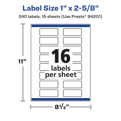 Avery Laser/Inkjet Rectangle Multipurpose Labels, 1" x 2-5/8", White, 240 Labels/Pack (94201)