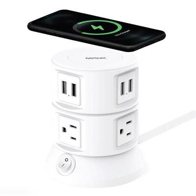 RAYOVAC Charging Tower 6-Outlet 4-USB Port Surge Protector with Wireless Charging, 5-ft., 540 Joules, White (SS-Q913)