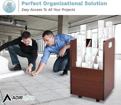 AdirOffice 20-Slot Mobile Roll File, Lockable, 24.75"H x 15.25"W x 13.25"D, Mahogany (624-MA-KIT1)