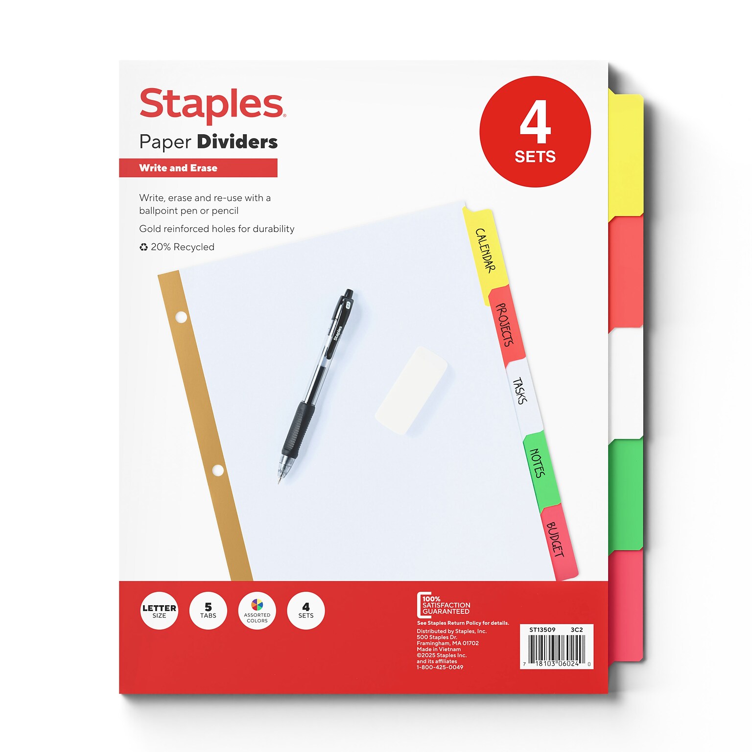 Staples Write & Erase Paper Dividers, Assorted Colors, 5-Tabs, 4 Sets (13509/23176)