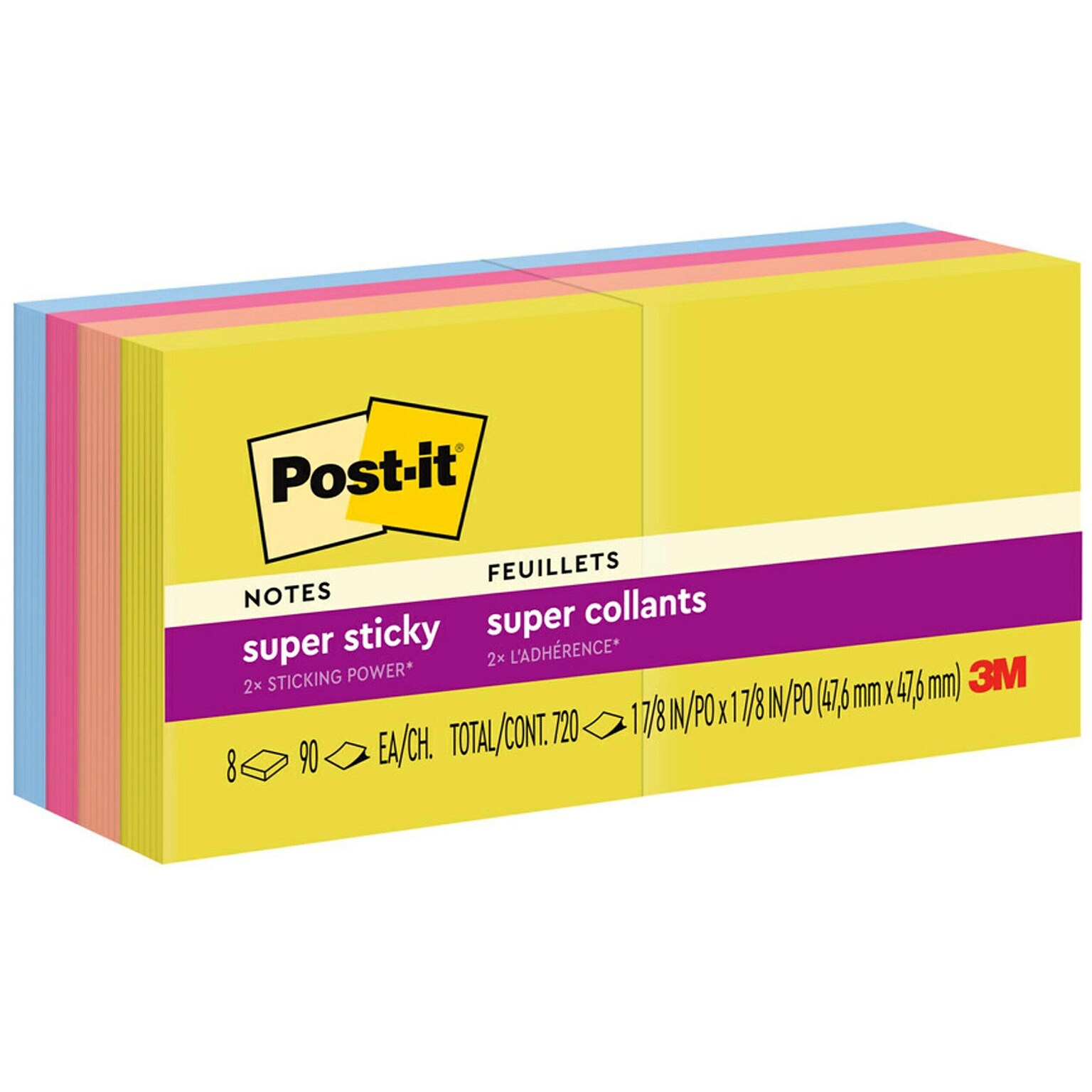 Post-it Super Sticky Notes, 1-7/8 x 1-7/8 in., 8 Pads, 90 Sheets/Pad, 2x the Sticking Power, Summer Joy Collection