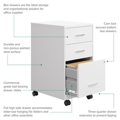 Space Solutions 18" 3-Drawer Mobile Letter Width Vertical File Cabinet, Pearl White (24428)