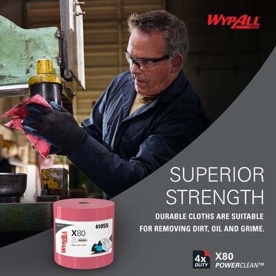 WypAll PowerClean X80 Cloth Cleaning Wipers, 16.8" x 12.5", Red, 475 Sheets/Roll (41055)