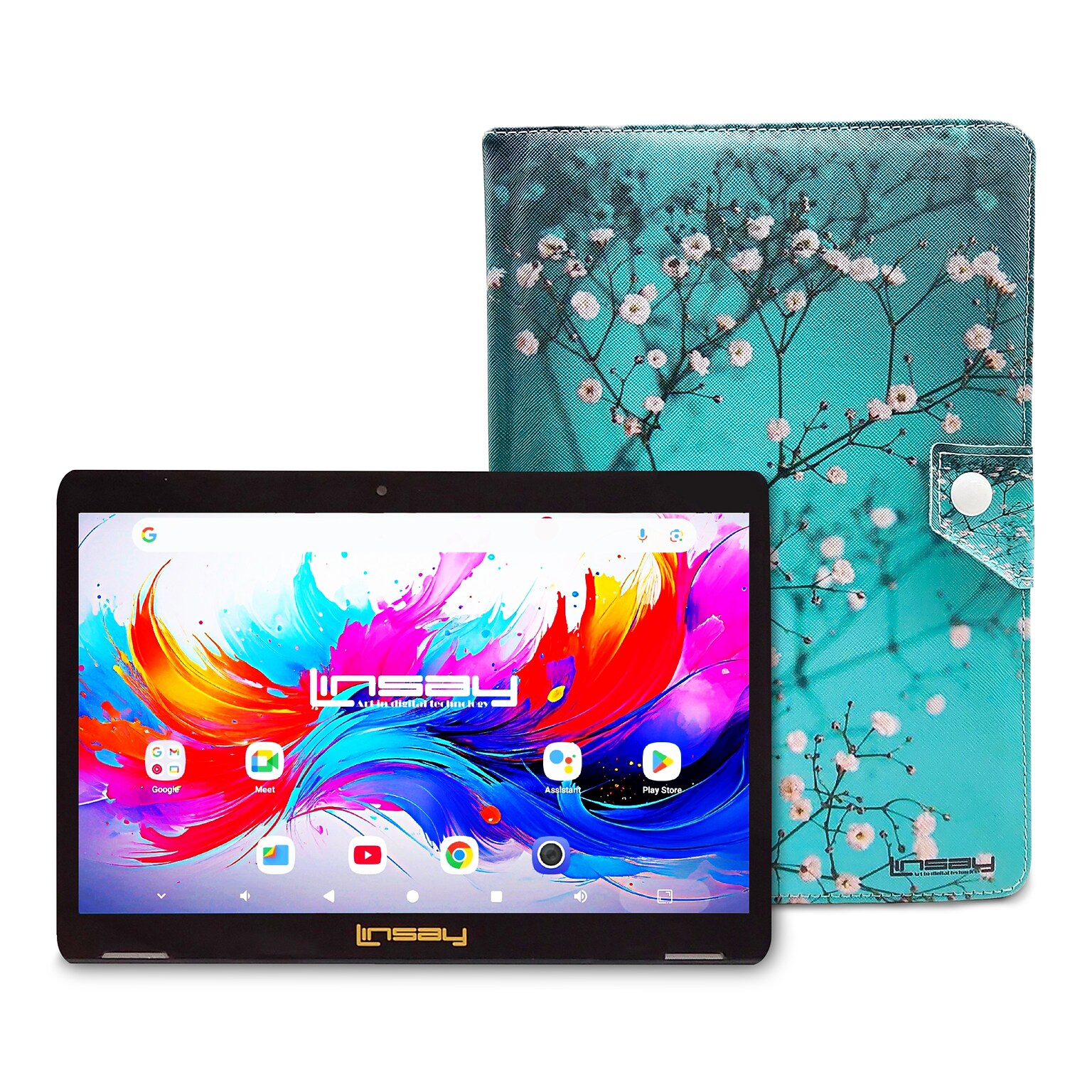 LINSAY F10 Series 10.1 Tablet, Wi-Fi, Octa Core, 256GB eMMC, Android 15, Flowers Marble Case (F10IPGCFLPLUS)