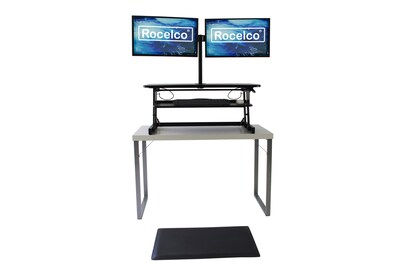 Rocelco 37.5 Height Adjustable Standing Desk Converter with Dual Monitor Arm - Anti Fatigue Mat, Bl