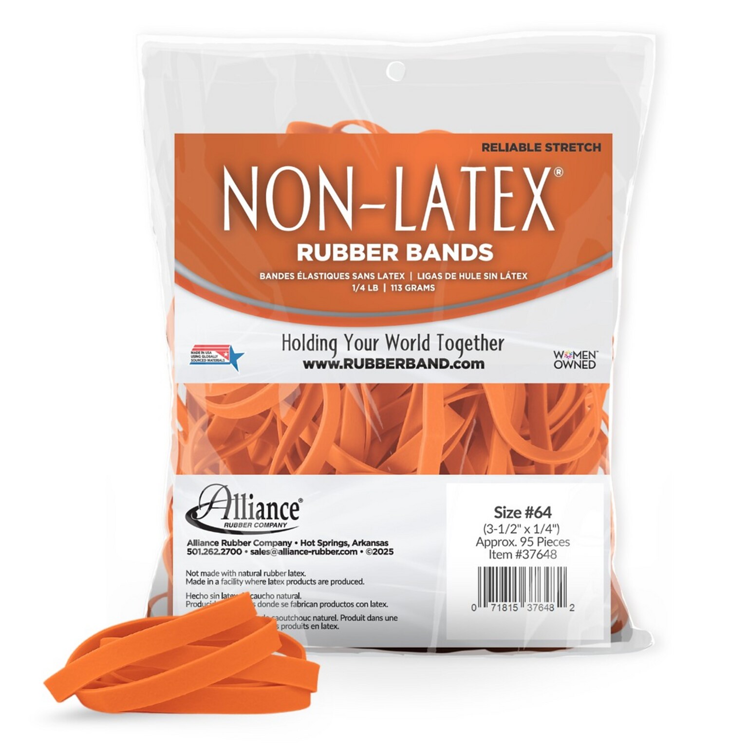 Alliance Non-Latex Multi-Purpose #64 Rubber Bands, 3-1/2 x 1/4, Orange, 95/Pack (37648)