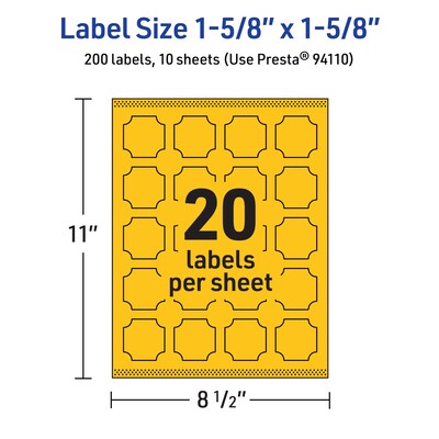 Avery Square Scalloped Laser/Inkjet Multipurpose Labels, 1-5/8" x 1-5/8", Bright Yellow (200/Pack)