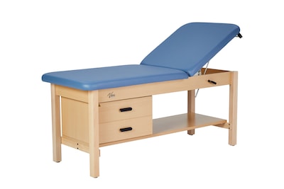 Aristo Wood Physician Adjustable Exam Table with Shelf, Dual Drawer Cabinet, Paper Cutter, Holder, 500 lb Capacity, Blue