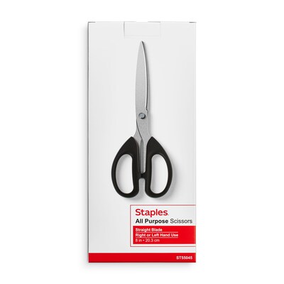 Staples 8" Pointed Tip Stainless Steel Scissors, Straight Handle, Right & Left Handed (TR55045)