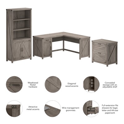 Bush Furniture Knoxville 60"W L Shaped Desk with Lateral File Cabinet and 5 Shelf Bookcase, Restored Gray (CGR005RTG)