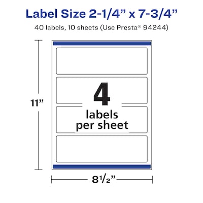 Avery Laser/Inkjet Rectangle Waterproof Multipurpose Labels, 7.75"  x 2.25", White, 40/Pack (94244)