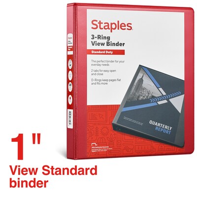 Staples® Standard 1 3 Ring View Binder with D-Rings, Red (58652)
