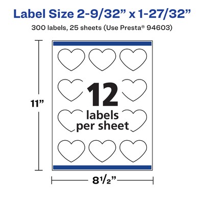 Avery Heart Shaped Laser/Inkjet Multipurpose Labels, 2-9/32" x 1-27/32", White, 300 Labels/Pack (94603)