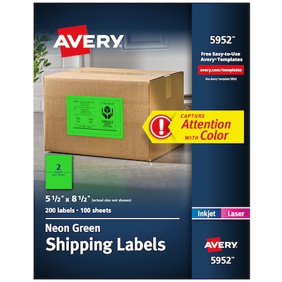 Avery Laser Shipping Labels, 5-1/2 x 8-1/2, Neon Green, 200 Labels/Box (5952)