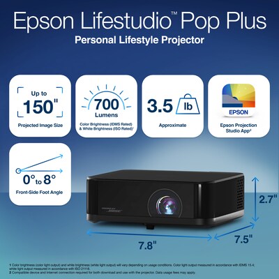 Epson Lifestudio Pop Plus Wireless  4K PRO-UHD Portable Lifestyle Projector, Black (V11HB73120)
