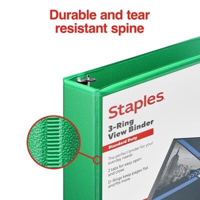 Staples® Standard 1.5" 3 Ring View Binder with D-Rings, Green (58652)