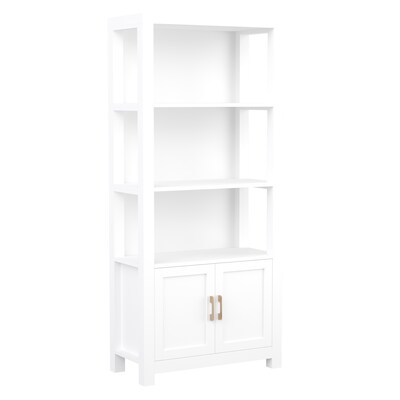 Martha Stewart Hutton 68" 4-Shelf Shaker Style Bookcase w/ Cabinet, White Engineered Wood/Polished Brass Hardware (ZG053WHGLD)