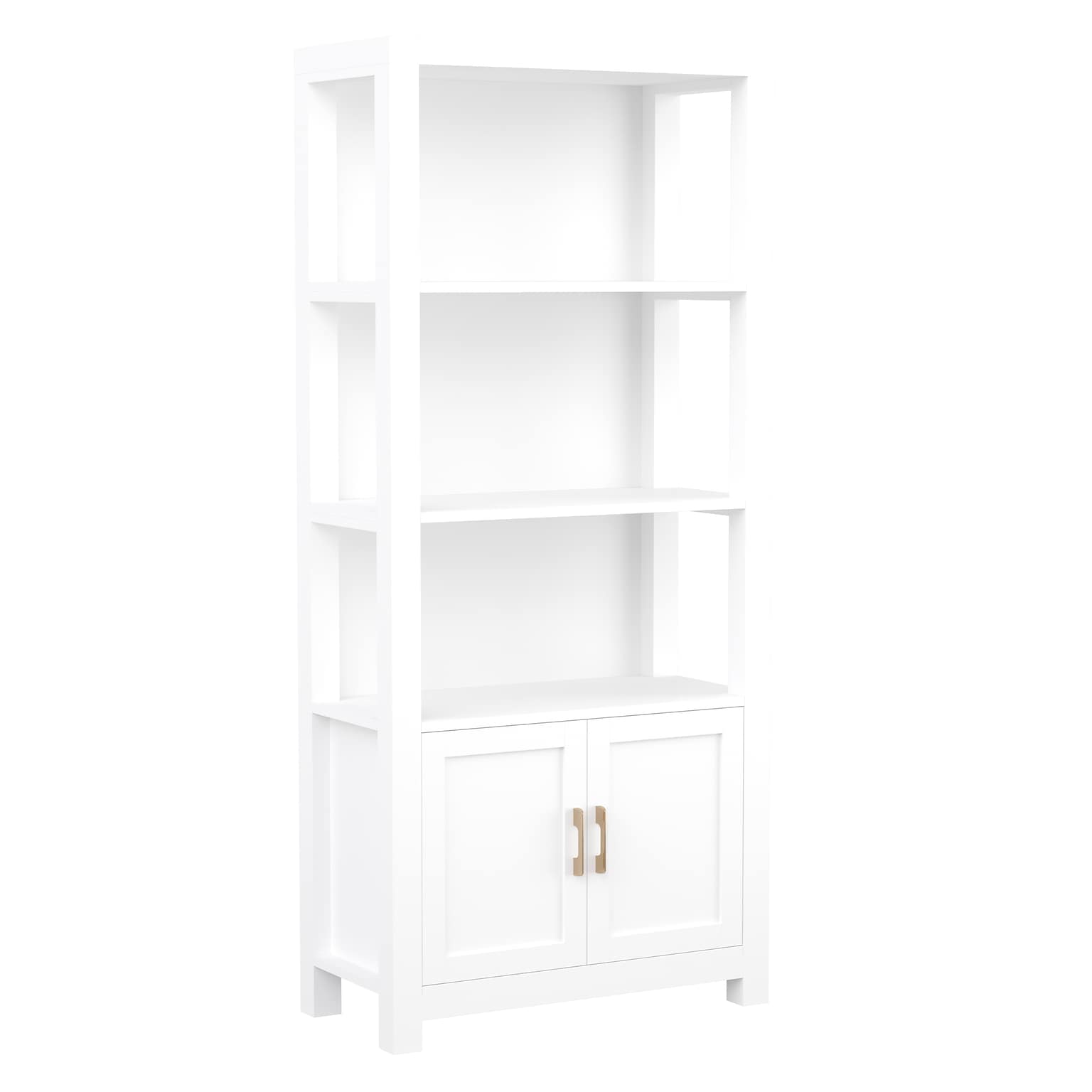 Martha Stewart Hutton 68 4-Shelf Shaker Style Bookcase w/ Cabinet, White Engineered Wood/Polished Brass Hardware (ZG053WHGLD)