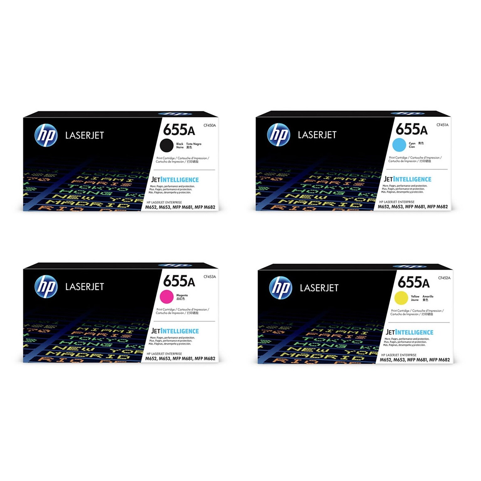 HP 655A Black/Cyan/Magenta/Yellow Standard Yield Toner Cartridge Set, 4/Pack