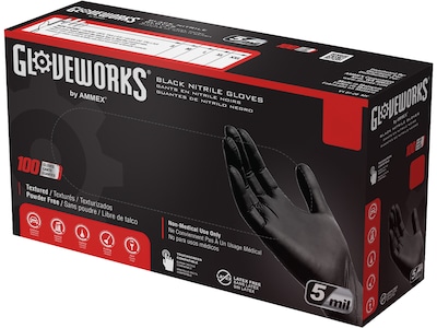 Gloveworks GPNB Nitrile Industrial Grade Gloves, Medium, Powder/Latex Free, Black, 100/Box, 10 Boxes/Carton (GPNB44100-CC)