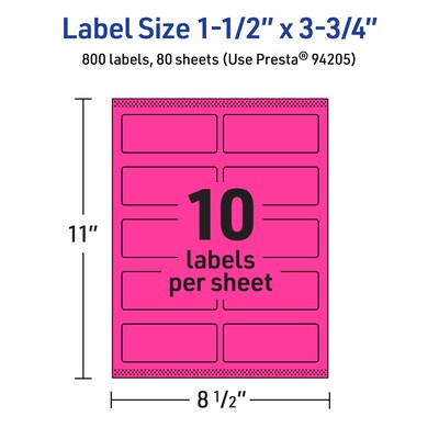 Avery Laser/Inkjet Rectangle Multipurpose Labels, 1.5" x 3.75", Neon Magenta, 800/Box (94205)