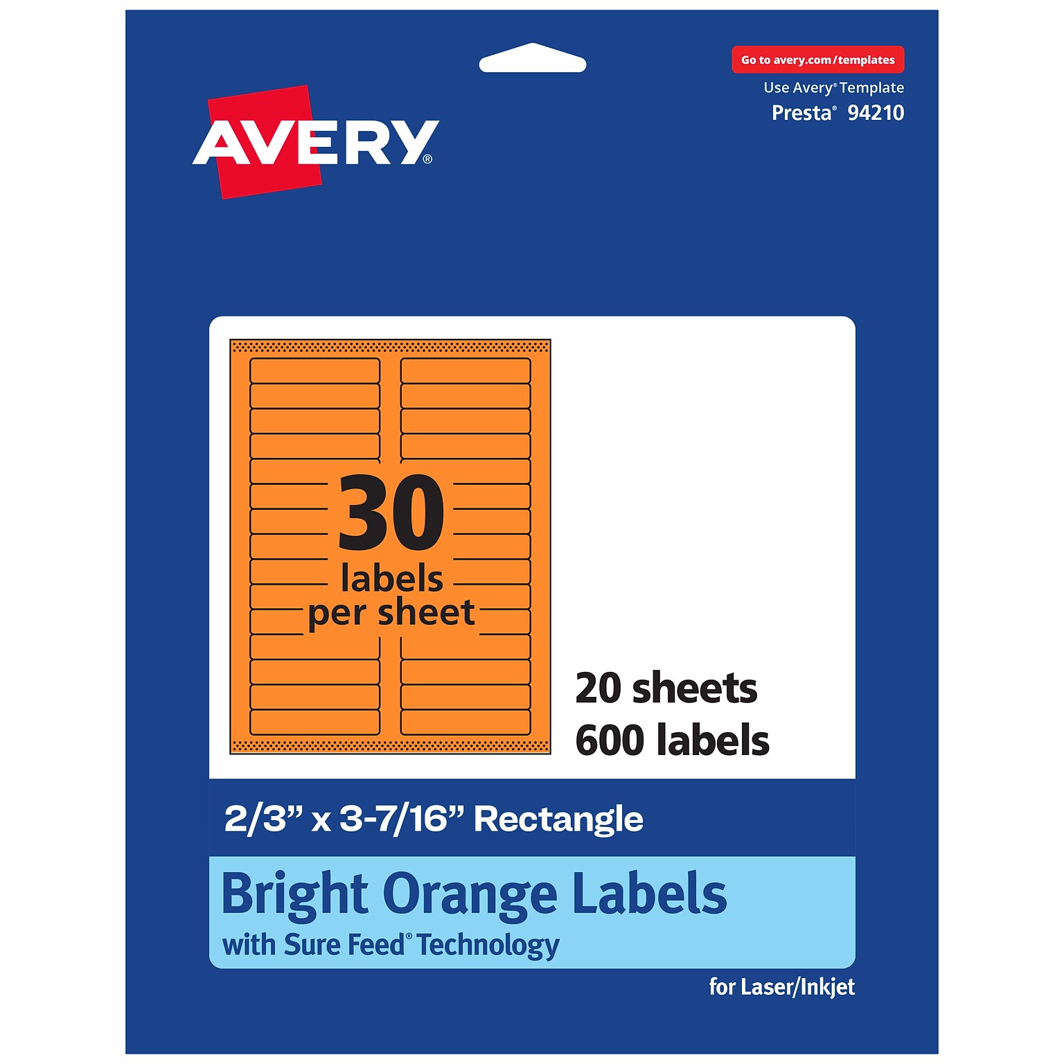 Avery Laser/Inkjet Multipurpose Rectangle Labels, 2/3 x 3-7/16, Bright Orange, 600/Pack (94210)