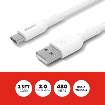 Staples TECH USB-C to USB-A Charging Cable, 3.3 ft., 480 Mbps, White (ST62337)