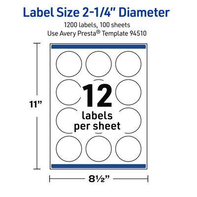 Avery Round Laser Multipurpose Labels, 2.25" Dia., White, 1200/Box (19479399443)