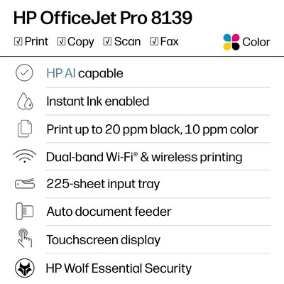 HP OfficeJet Pro 8139e Wireless Color All-In-One Printer, Scan, Copy, Fax, 1 Year Free Instant Ink, AI Enabled (40Q51A)