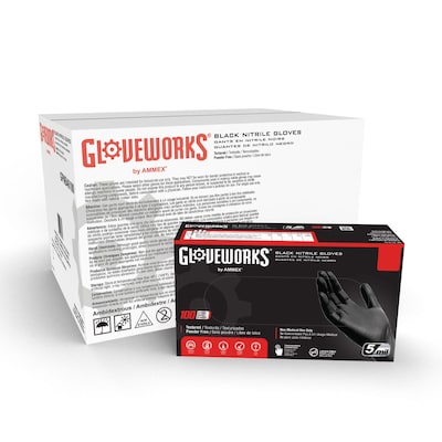 Gloveworks GPNB Nitrile Industrial Grade Gloves, Medium, Powder/Latex Free, Black, 100/Box, 10 Boxes