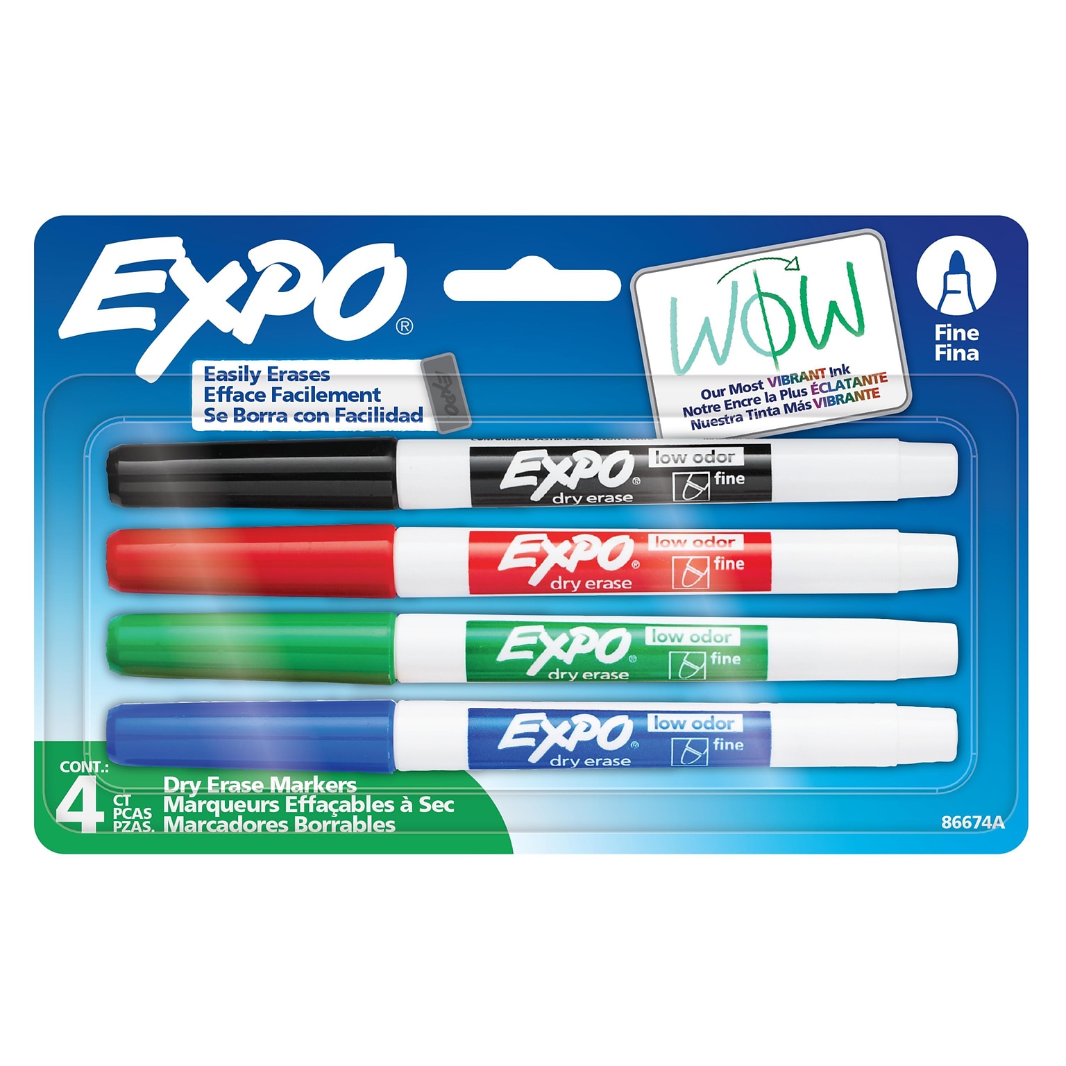 Expo Low Odor Dry Erase Markers, Fine Tip, Assorted Colors, 4/Pack (86674)