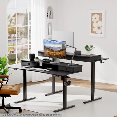 Huanuo 55"W Electric Rectangular Adjustable Standing Desk with Riser and Drawers, Black (HNESD101B)