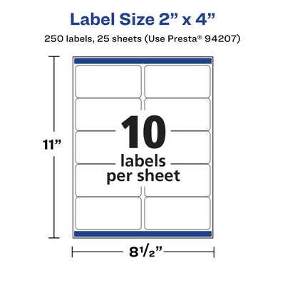 Avery Laser/Inkjet Rectangle Multipurpose Labels, 2" x 4", White, 250 Labels/Pack  (94207)