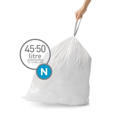 simplehuman Code N 13 Gallon Trash Bag, 8.8 x 11.8, Low Density, 30 mic,  White, 200 Bags/Box (CW02